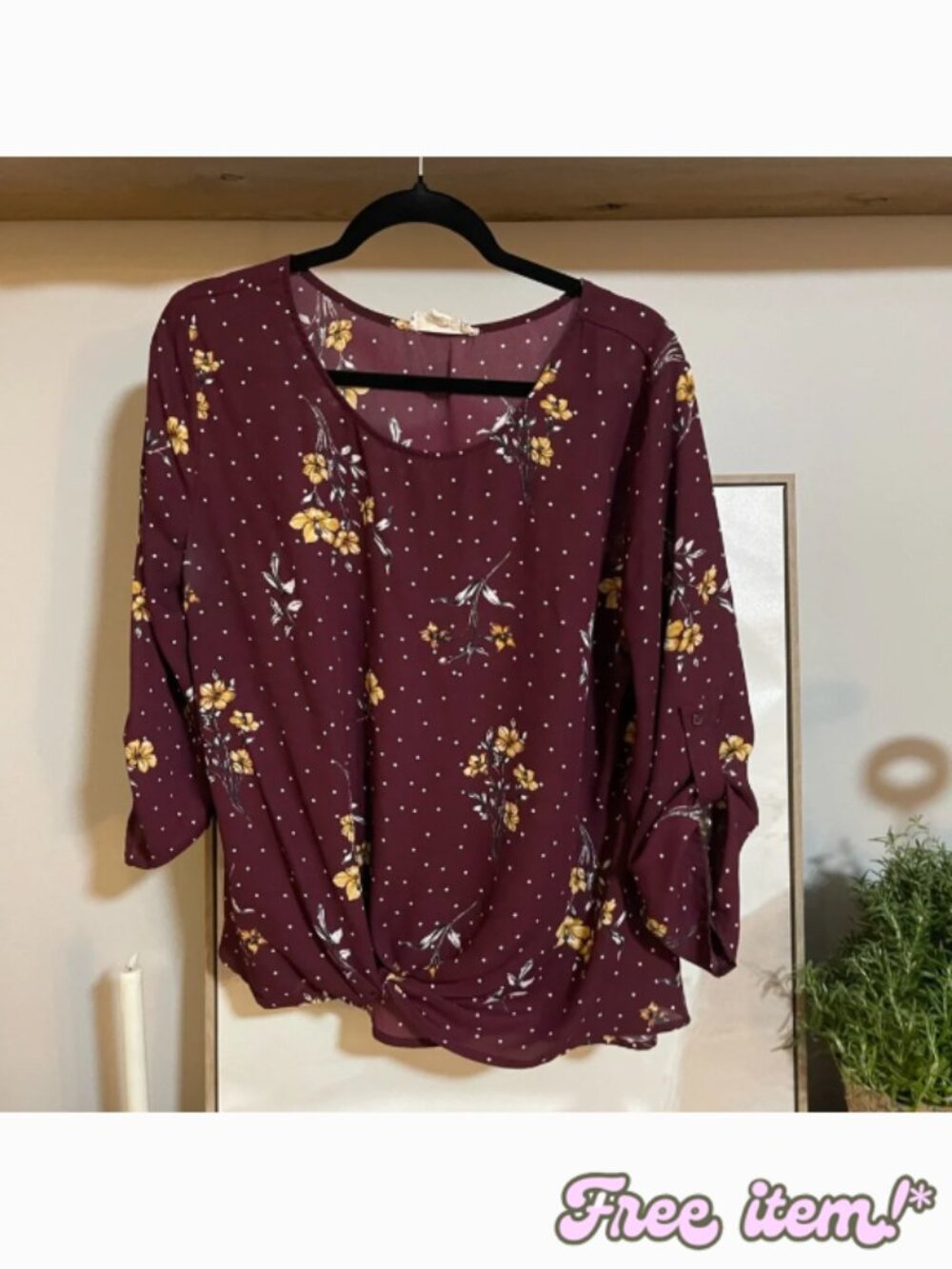 Pink Republic Burgundy Floral Blouse With Knot Front And polka dot